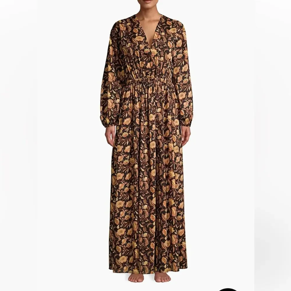 Matteau Puff Sleeve Open Back Orange Floral Maxi Dress - Picture 3 of 13